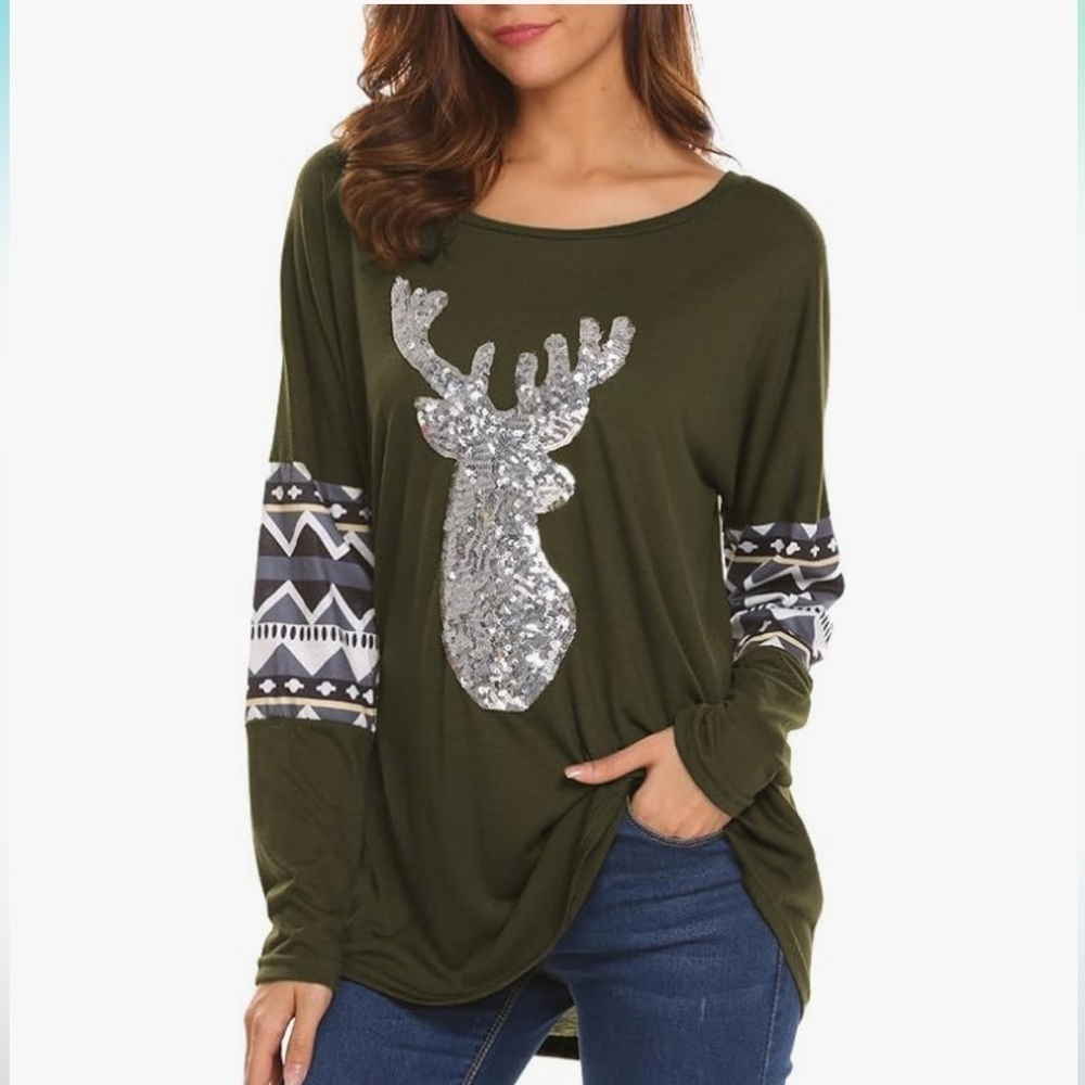 🦋 NWT Qearal Brown Deer Sequin Long Sleeve Shirt Casual XL Reindeer Christmas